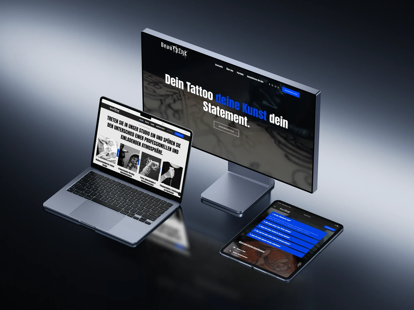 Weblinn-Referenz beauthink: Website eines Tattoo- und Piercingstudios auf Monitor, Laptop und Tablet